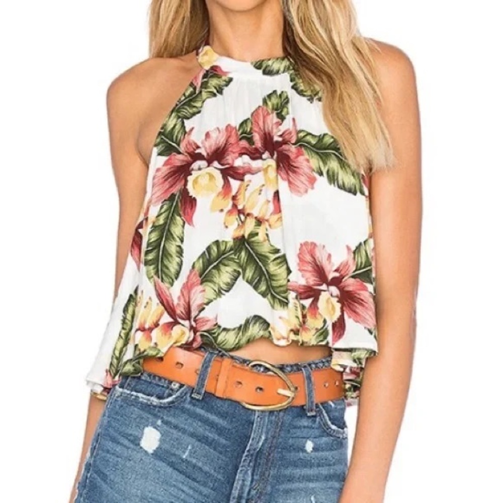 Show Me Your MuMu Mateo Tie Back Top Aloha Blooms Print Halter Resortwear Size S